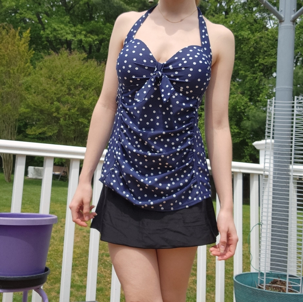 Merona Blue Polka Dot Pinup Sweetheart Ruched Swim Tankini Top size S